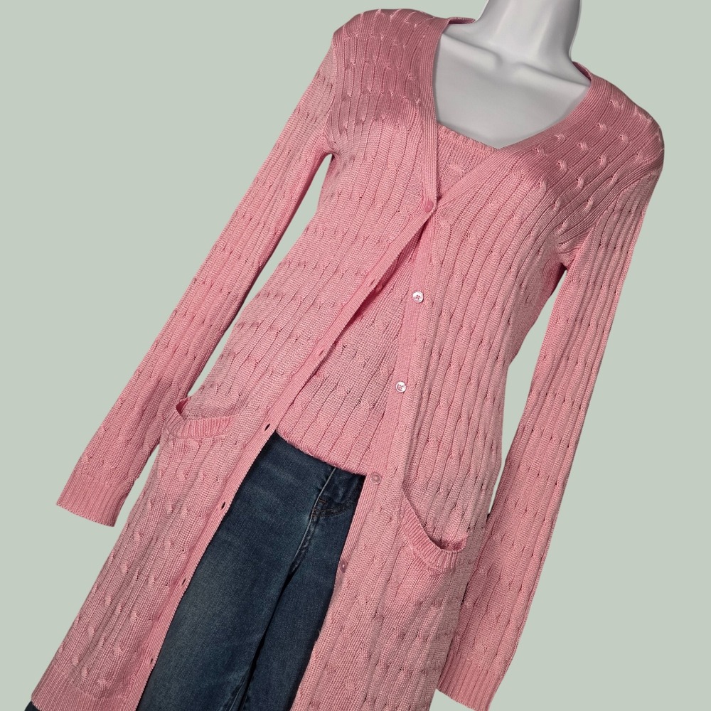 Ralph Lauren Black Label Women Small Pure Silk Cable Knit Long Cardigan Tank Set